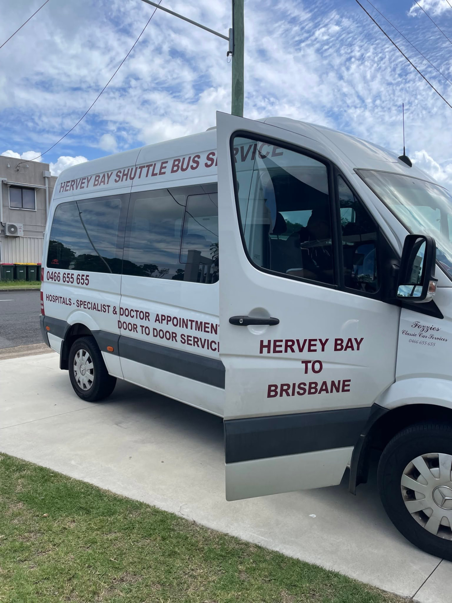 Hervey Bay Shuttle Bus Service Mercedes shuttle bus signed for Hervey Bay to Brisbane door to door transfers
