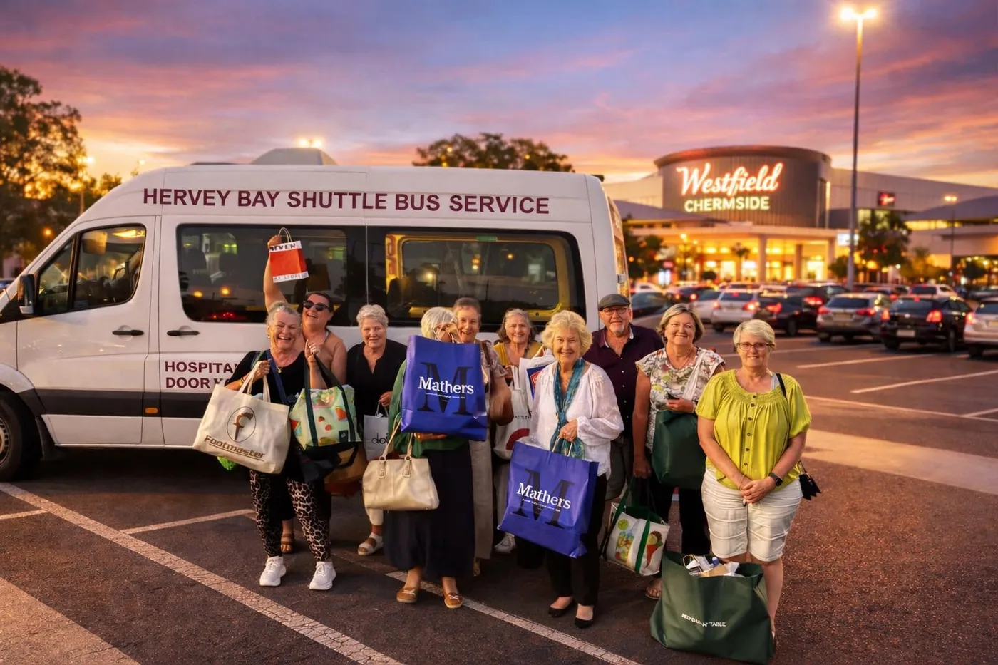 Group of passengers with shopping bags boarding the Hervey Bay Shuttle Bus Service van at Westfield Chermside